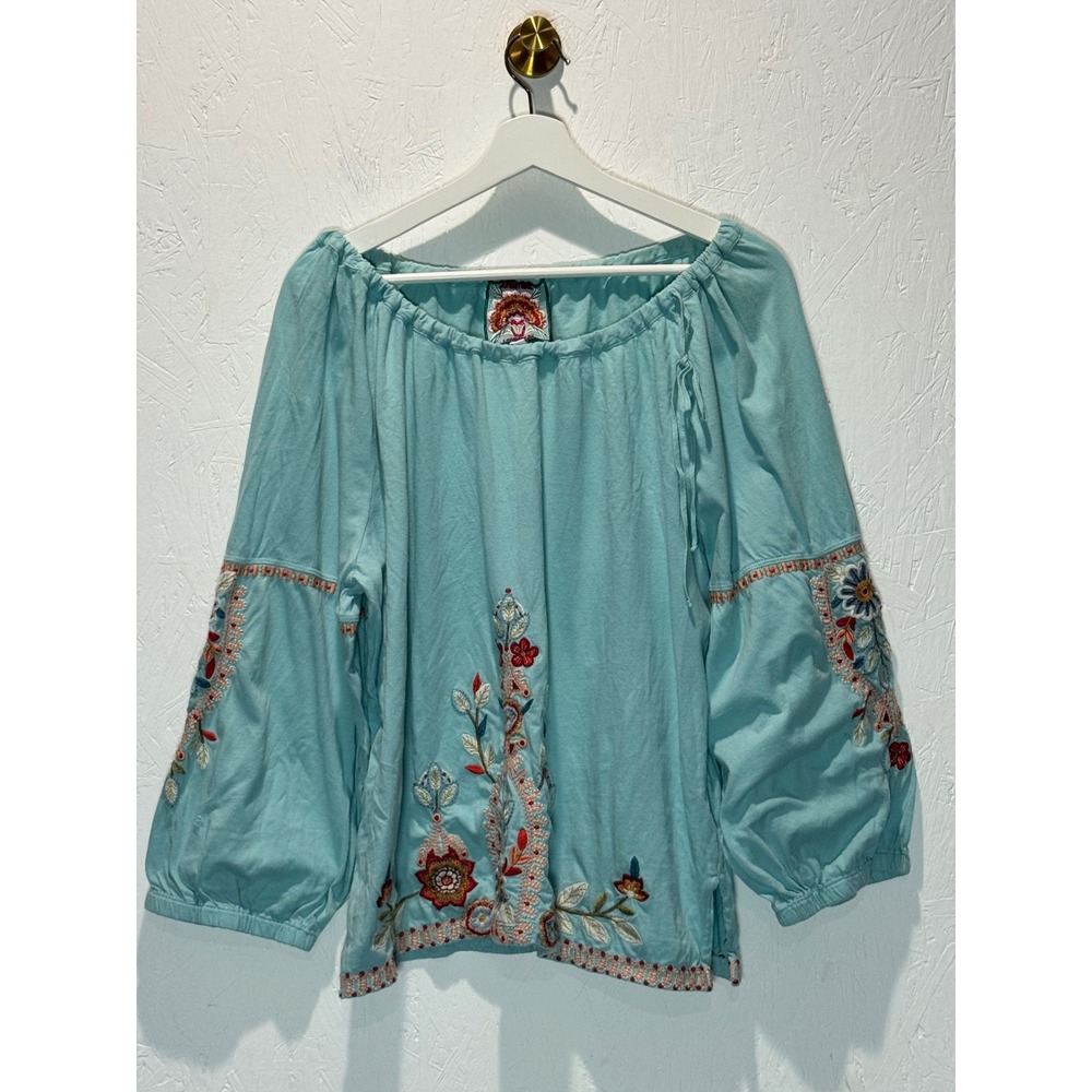 Johnny Was Embroidered Floral Peasant Blouse Blue Cotton Balloon Sleeve Large